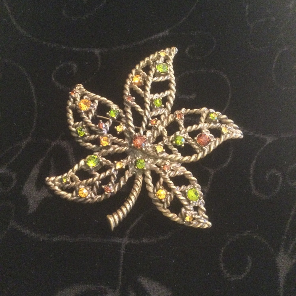 Vintage Brooch Brass Tone Leaf Design With Colored Rhinestones